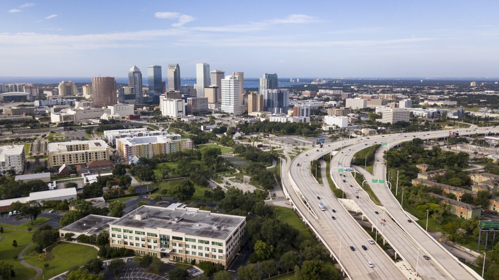 Aerial View Over Interstate Highway Leading to Downtown Tampa Fl